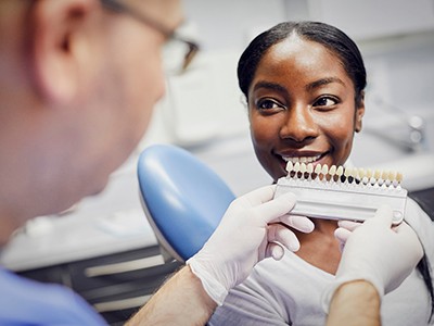 Dentist checking patient’s tooth color in Succasunna 